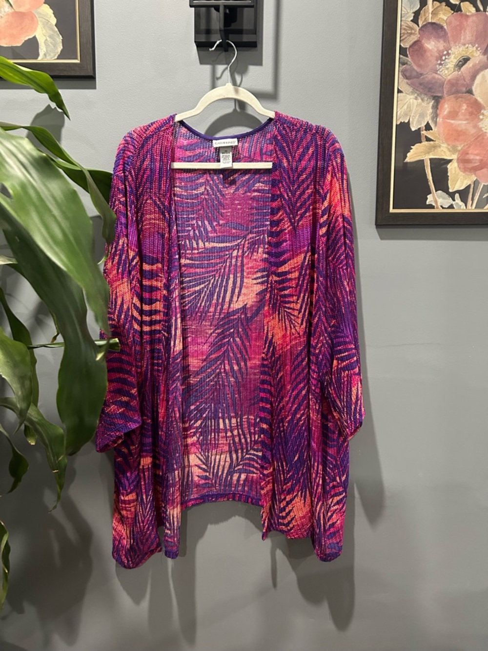 Catherines Plus Size Vibrant Tropical Print Open Cardigan - Pink & Purple sz 4X
